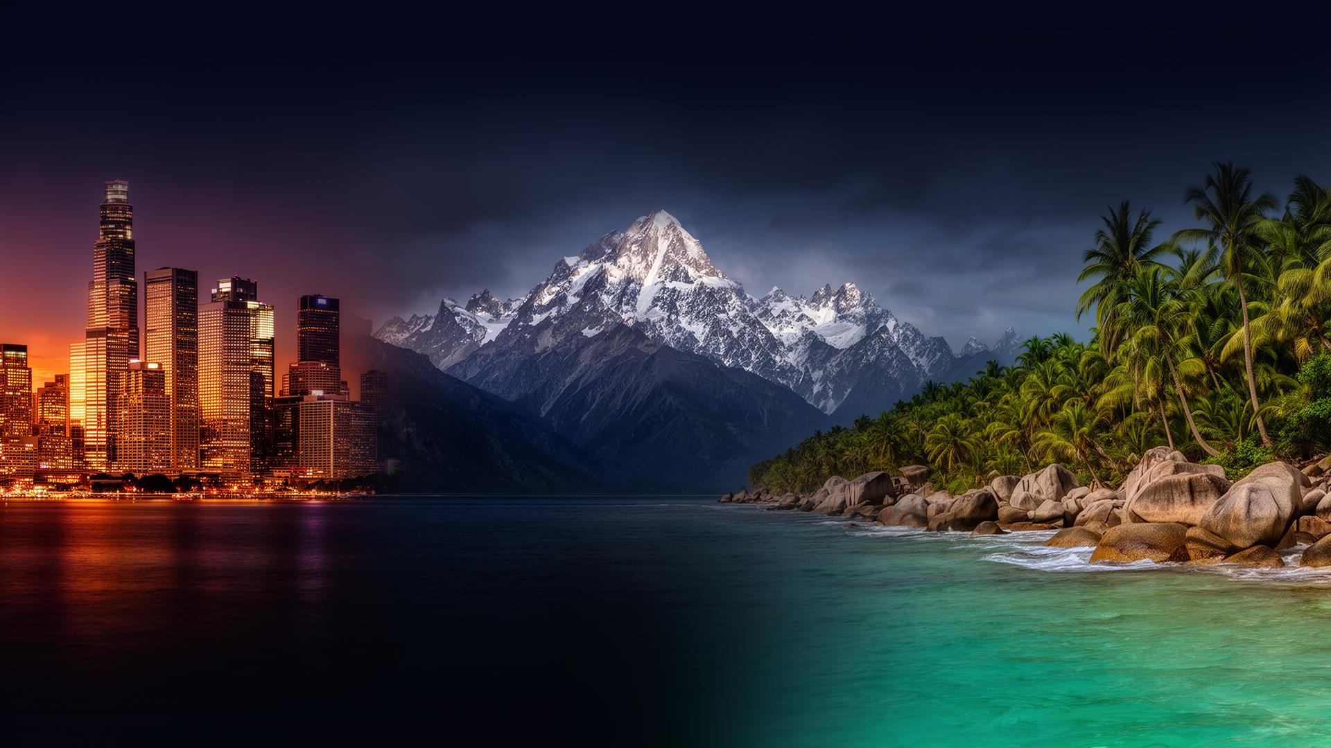 City skyline blending into mountains and a tropical island coastline